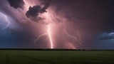 lightning in the field  A dramatic scene of a supercell thunderstorm and lightning bolt over a field  at sunset, 