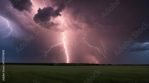 lightning in the field A dramatic scene of a supercell thunderstorm and lightning bolt over a field at sunset, 
