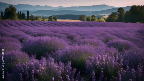 lavender field at sunset A vast field of purple lavender flowers under a clear blue sky, with a few trees and hills 