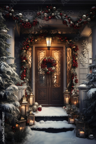 Of a front door of a house decorated for Christmas.