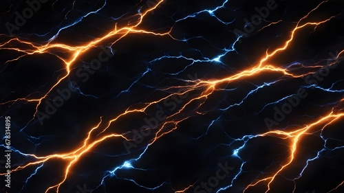 lightning in the night sky A black canvas with a blue and orange abstract art of a lightning pattern 