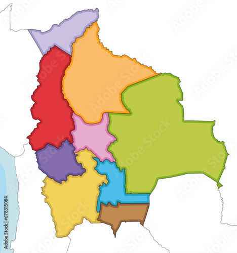 Vector illustrated blank map of Bolivia with departments and administrative divisions, and neighbouring countries. Editable and clearly labeled layers.