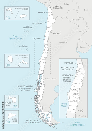 Vector map of Chile with regions and territories and administrative divisions, and neighbouring countries and territories. Editable and clearly labeled layers.
