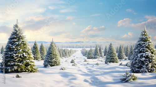 A Christmas tree farm with rows of trees and snow photo