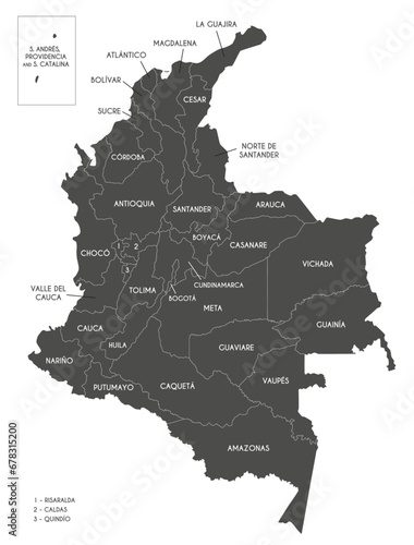Vector map of Colombia with departments, capital region and administrative divisions. Editable and clearly labeled layers. photo