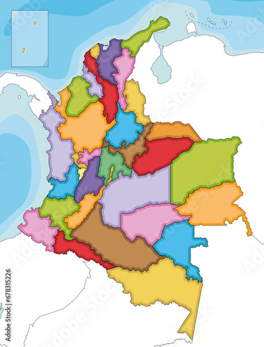 Vector illustrated blank map of Colombia with departments  capital region and administrative divisions  and neighbouring countries. Editable and clearly labeled layers.