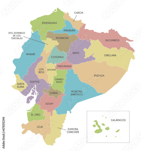 Vector map of Ecuador with provinces and administrative divisions. Editable and clearly labeled layers.