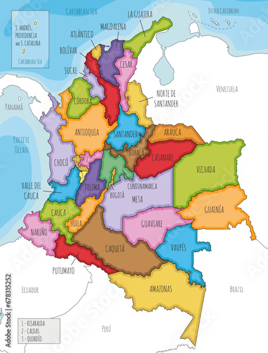 Vector illustrated map of Colombia with departments, capital region and administrative divisions, and neighbouring countries. Editable and clearly labeled layers.