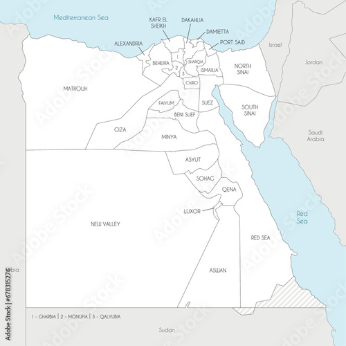 Vector map of Egypt with governorates or provinces and administrative divisions, and neighbouring countries. Editable and clearly labeled layers.