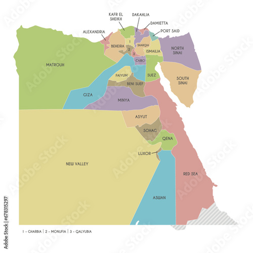 Vector map of Egypt with governorates or provinces and administrative divisions. Editable and clearly labeled layers.