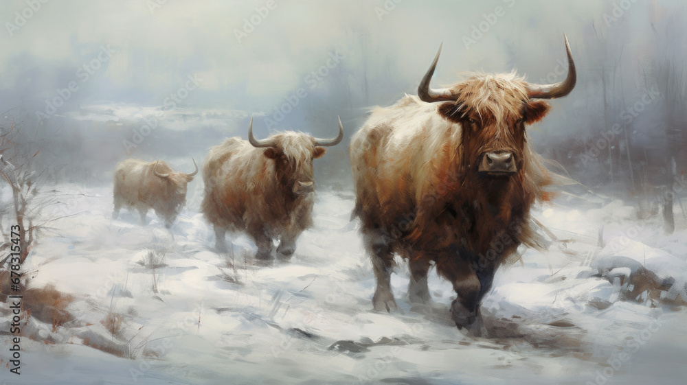 Fototapete mit Highland cow on a pasture, snowy winter landscape. Digital painting. #678315473