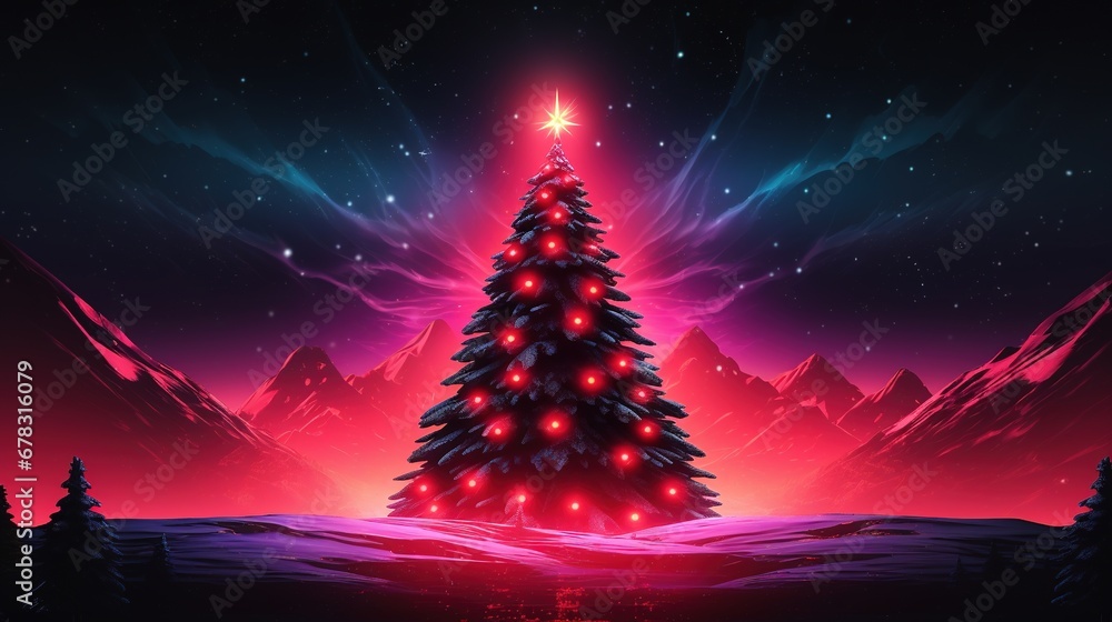 Generative AI, Christmas tree in cyberpunk style, futuristic nostalgic 80s, 90s. Neon lights vibrant colors.
