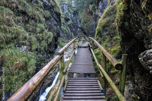 A wooden footbridge over a stream in autumn forest. The Mala Fatra national park in Slovakia, Europe.