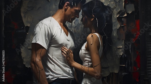 Portrait artwork of man and woman because of rotten and rust peeling paint in romantic scene photo
