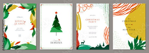 Modern Holiday cards. Abstract Christmas templates with universal decorative frames and copy space, Christmas Tree, deer and greetings.