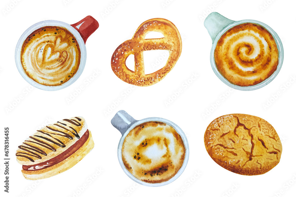 Watercolor set of hand drawn elements of coffee and cookies Watercolor set of hand drawn elements of coffee and cookies