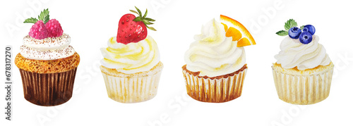 Watercolor illustration of sweet cupcakes with fruits. Cliparts isolated for different cafe menu or food designs