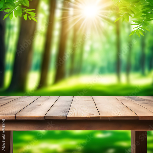 Empty wooden table  blurred summer forest background with copy space