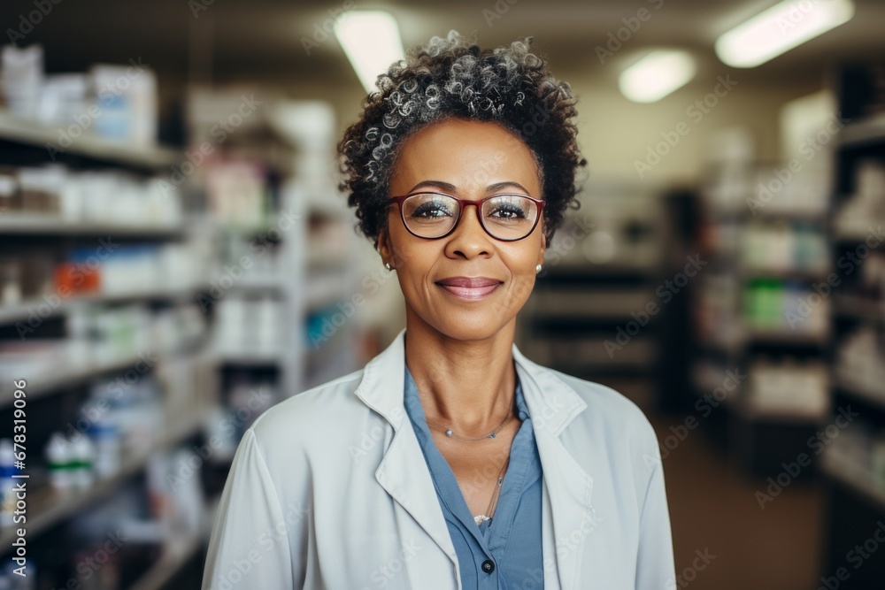 Adult female African American pharmacist in a pharmacy, smiling and looking at the camera in a white coat. Pharmaceft is waiting for clients in the pharmacy Adult female African American pharmacist in a pharmacy, smiling and looking at the camera in a white coat. Pharmaceft is waiting for clients in the pharmacy