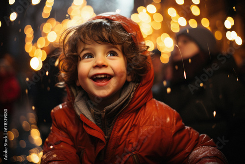 Little boy in red jacket and scarf on background of bokeh lights.