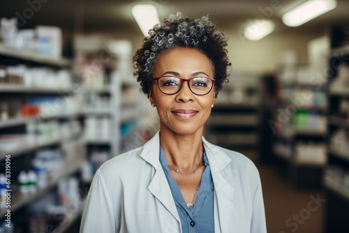 Adult female African American pharmacist in a pharmacy, smiling and looking at the camera in a white coat. Pharmaceft is waiting for clients in the pharmacy