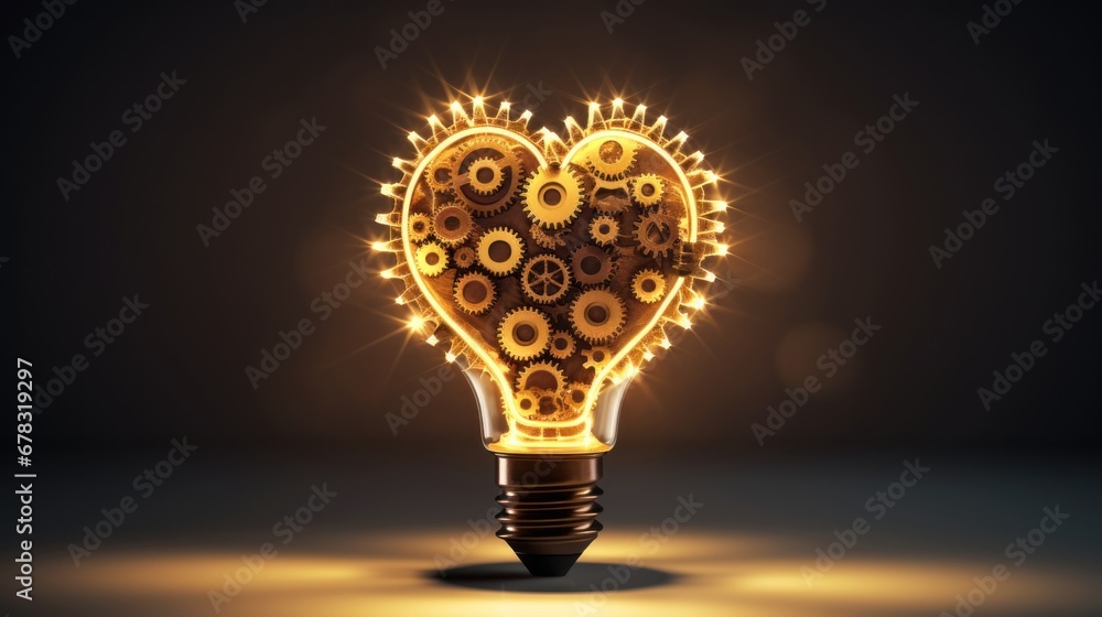 Heart of Innovation A heart-shaped light bulb with gears and cogs inside Heart of Innovation A heart-shaped light bulb with gears and cogs inside