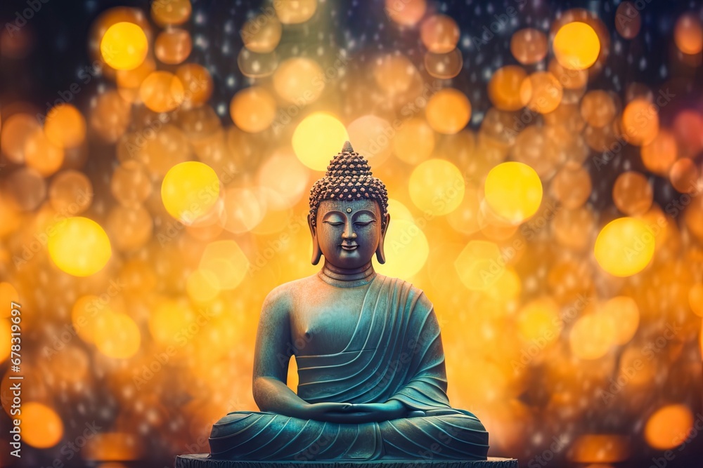 Buddha statue surrounded by blurry bokeh and room for text copy. Mindfulness and meditation concept.