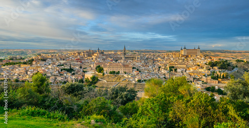 Beautiful views of Toledo, Spain as seen from the Parador viewpoint at sunset