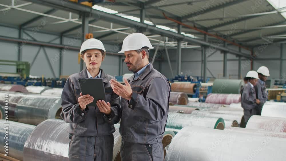 Caucasian foreman or engineer explain to his pretty assistant working process in factory. People communicating while using tablet device. In background busy workers considering industrial products. Caucasian foreman or engineer explain to his pretty assistant working process in factory. People communicating while using tablet device. In background busy workers considering industrial products.