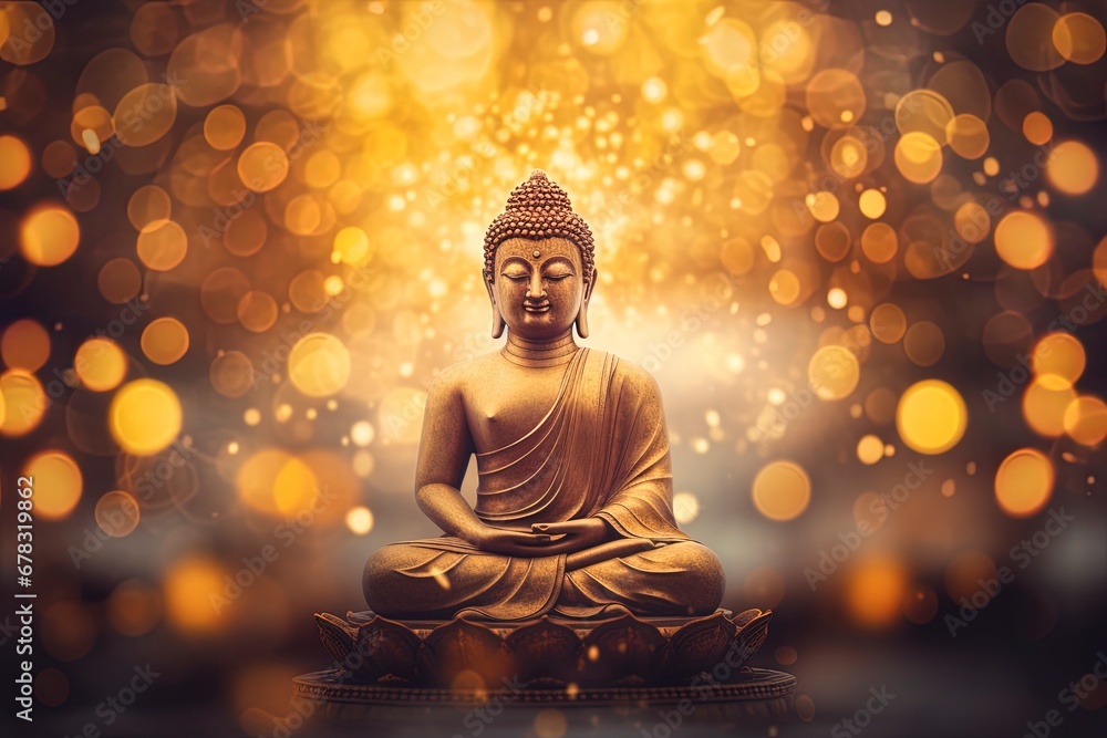 Buddha statue surrounded by blurry bokeh and room for text copy. Mindfulness and meditation concept. Buddha statue surrounded by blurry bokeh and room for text copy. Mindfulness and meditation concept.
