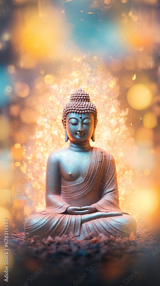 Buddha statue surrounded by blurry bokeh and room for text copy. Mindfulness and meditation concept. Buddha statue surrounded by blurry bokeh and room for text copy. Mindfulness and meditation concept.