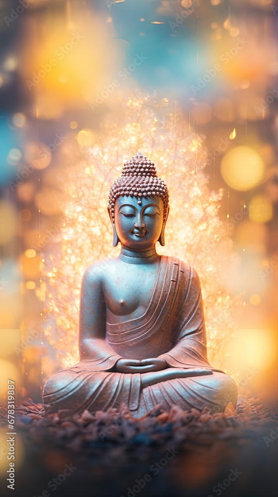 Buddha statue surrounded by blurry bokeh and room for text copy. Mindfulness and meditation concept.