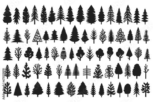Christmas tree set hand drawn illustration. chritmas tree silhouettes. Christmas pine trees silhouette icon vector illustration