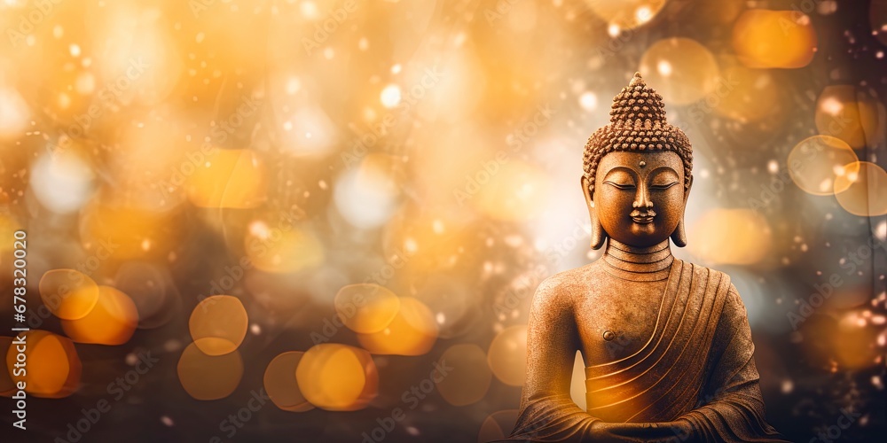 Buddha statue surrounded by blurry bokeh and room for text copy. Mindfulness and meditation concept. Buddha statue surrounded by blurry bokeh and room for text copy. Mindfulness and meditation concept.