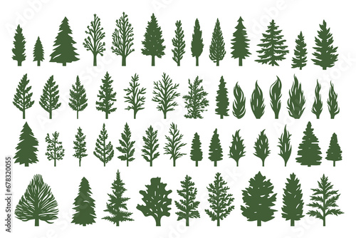 Christmas tree set hand drawn illustration. chritmas tree silhouettes. Christmas pine trees silhouette icon vector illustration