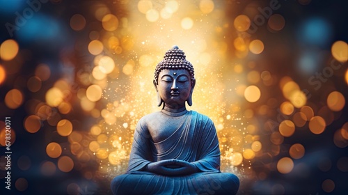 Buddha statue surrounded by blurry bokeh and room for text copy. Mindfulness and meditation concept. © W&S Stock