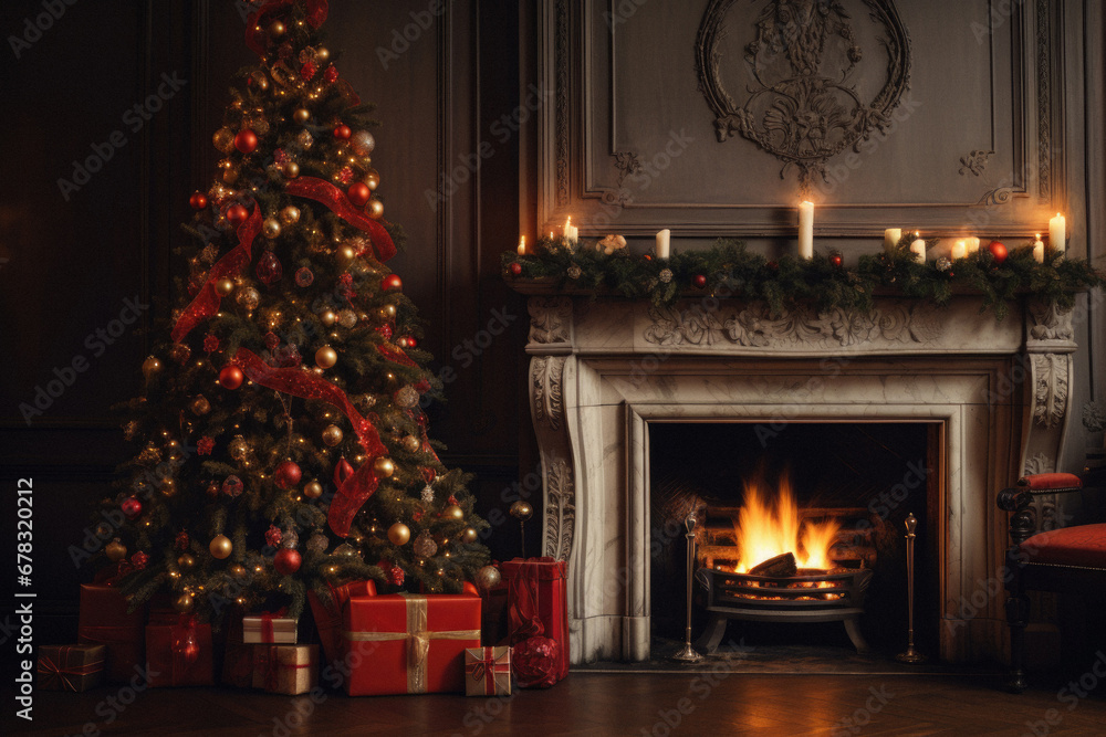 Christmas tree, fireplace and gifts on the floor in the living room. Christmas tree, fireplace and gifts on the floor in the living room.