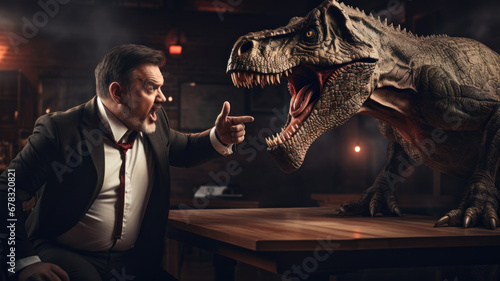 Man arguing with young tyrannosaurus. Having a dispute with dinosaur. Pissed off business man shouting and pointing index finger. Annoyed, frustrated and angry look, feeling furious. © ekim