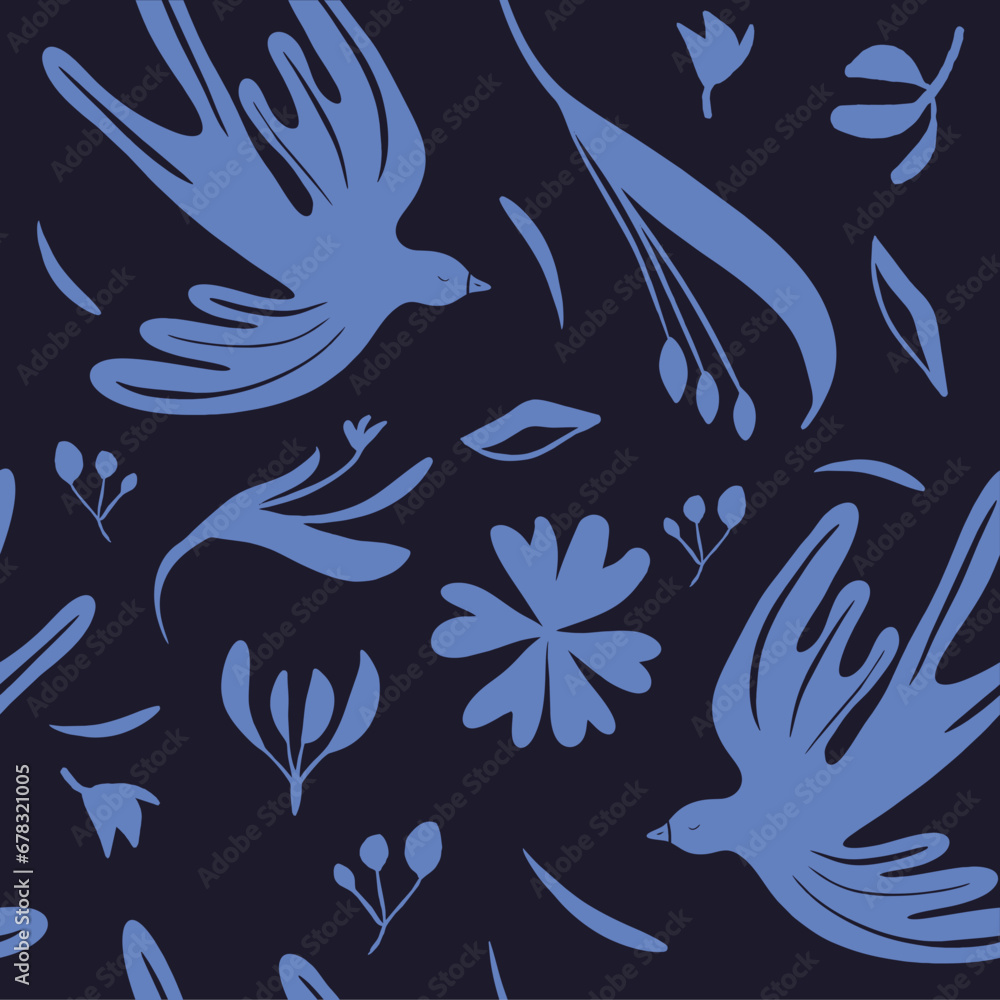 Seamless pattern botanical hand drawn ethno style ornament with birds. Abstract trendy monochrome print. Fashionable vector template for your design. Seamless pattern botanical hand drawn ethno style ornament with birds. Abstract trendy monochrome print. Fashionable vector template for your design.