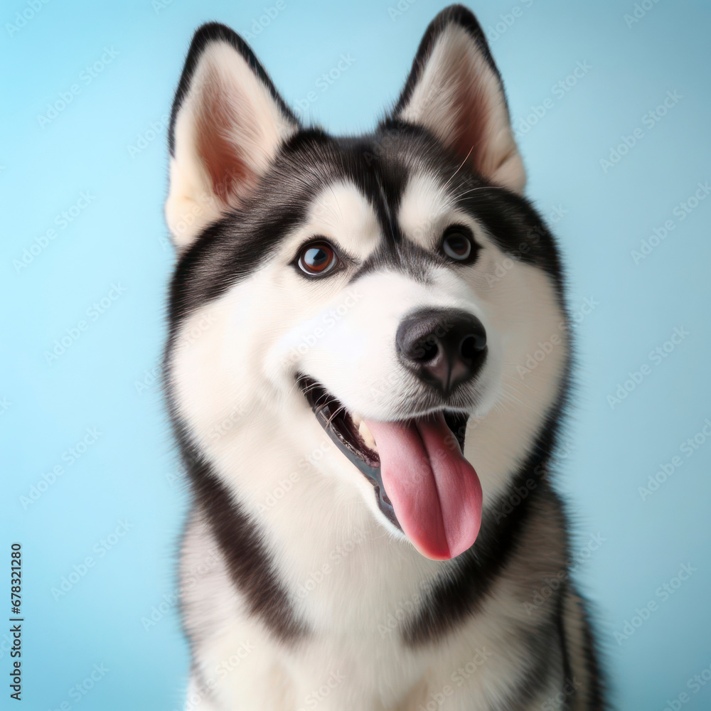 Happy hasky dog smiling on blue background. ai generative