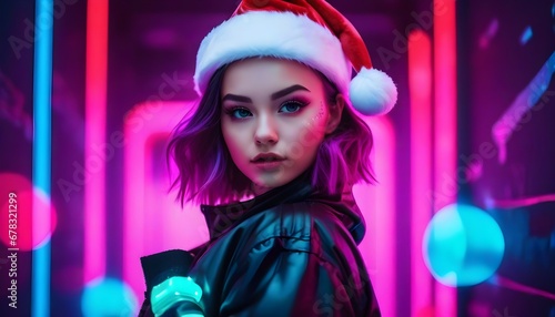 christmas girl in blackdress with santa hat photo