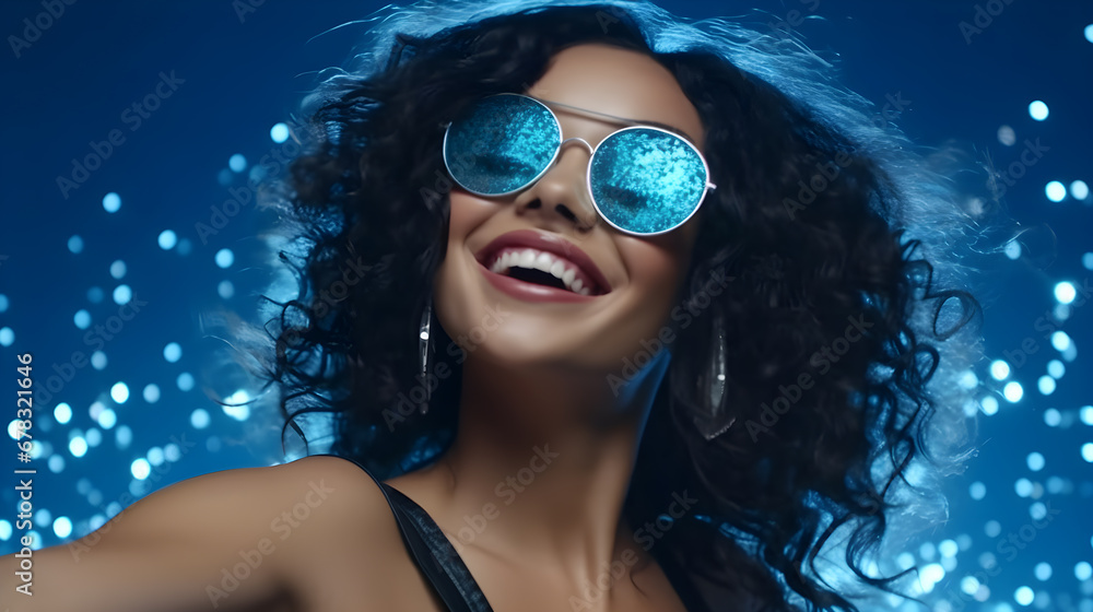 Mujer latina fachion con lentes de sol y reflejos en color azul Mujer latina fachion con lentes de sol y reflejos en color azul