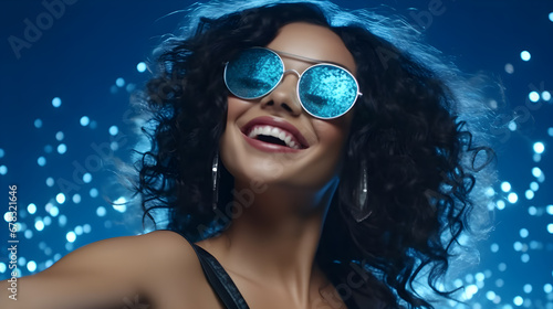 Mujer latina fachion con lentes de sol y reflejos en color azul