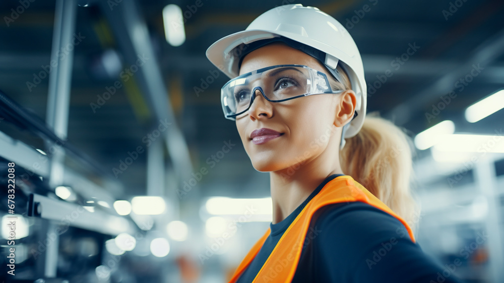 Young woman factory worker wearing a safety helmet in the background of a production line.
Young woman factory worker wearing a safety helmet in the background of a production line.