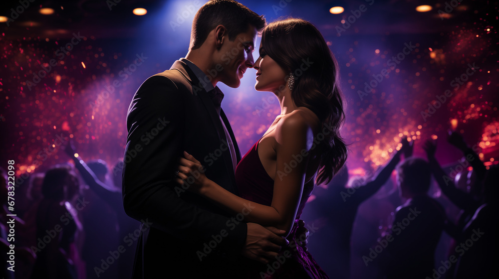 Beautiful couple kissing and dancing in nightclub