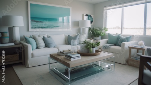 Living room decor, home interior design . Coastal Modern style with Ocean View decorated with White Painted Wood and Glass material . Generative AI AIG26.