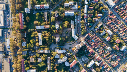 Top aerial drone view of Pancevo, Serbia showing development of the town, Europe.