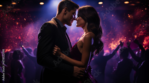 Beautiful couple kissing and dancing in nightclub