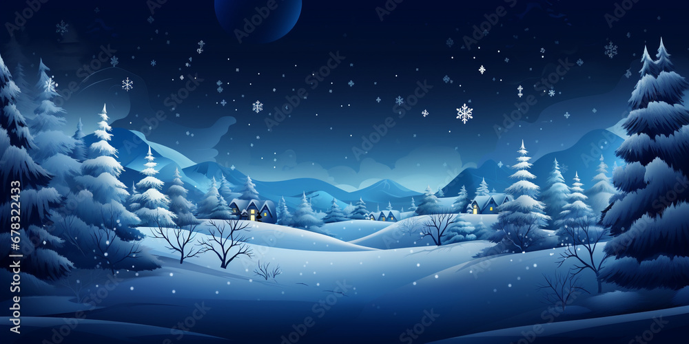 Fototapeta premium Panorama of winter evening forest. Congratulatory, New Year or Christmas background.