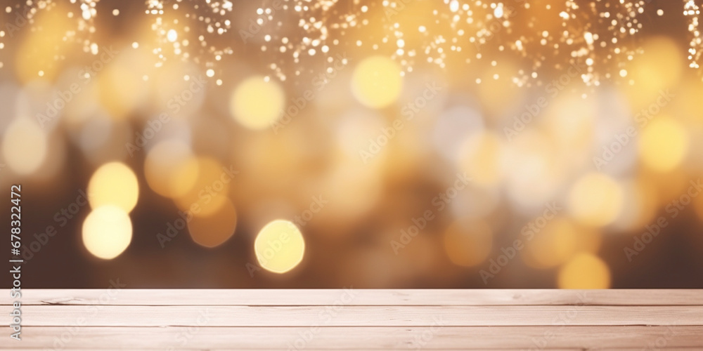 Empty table top against defocused holiday decor. Banner or mockup. Congratulatory, New Year or Christmas landscape background. Empty table top against defocused holiday decor. Banner or mockup. Congratulatory, New Year or Christmas landscape background.